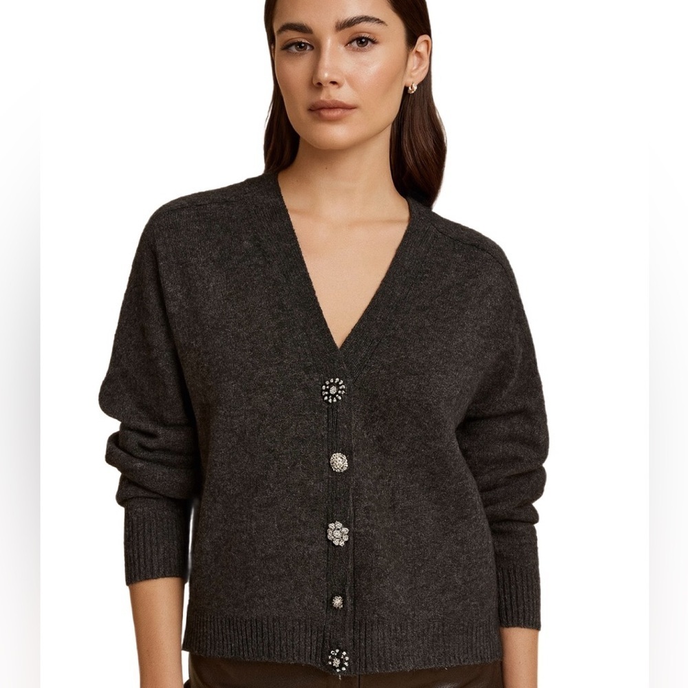 CeCe Charcoal Gray Embellished Button Cardigan – Soft Knit V-Neck Sweater SZ: S - Picture 14 of 14